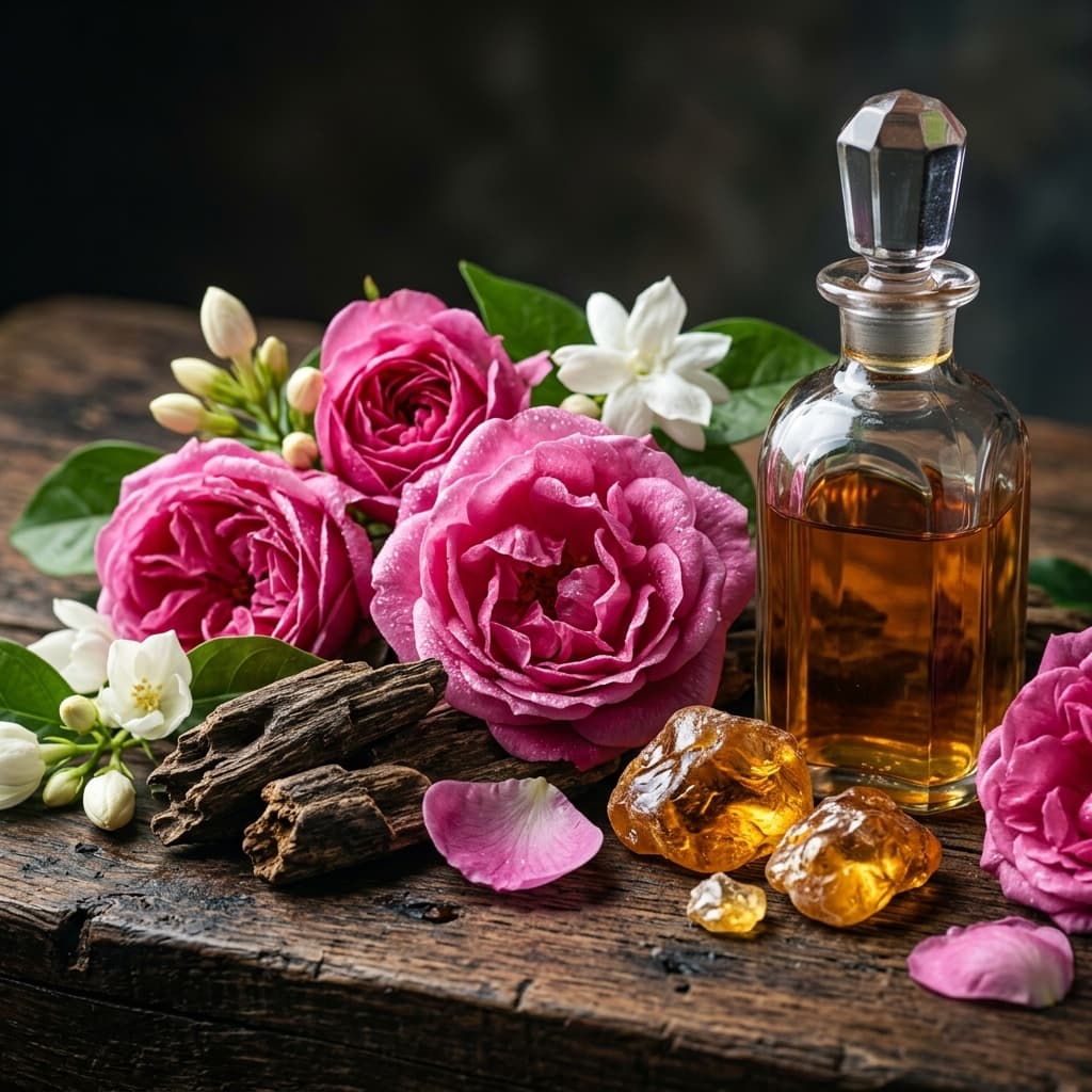 Botanical perfume ingredients including oud wood, amber resins, and Damask roses