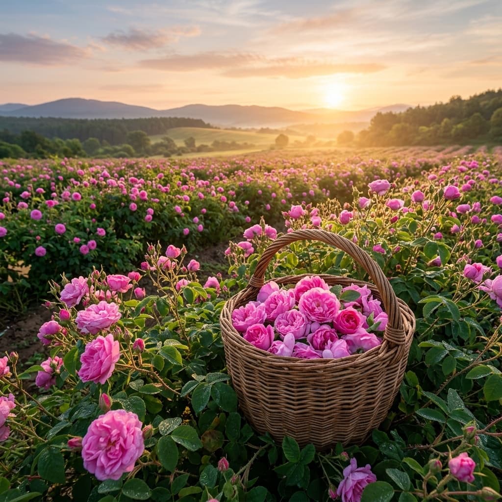 Harvesting fresh pink Damask roses in a vibrant field at sunrise for perfume distillation