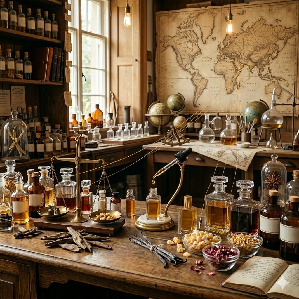 Fine fragrance blends with oud and amber in an elegant perfumery workshop